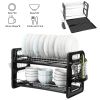 2 Tier Iron Dish Drying Rack Drainboard Set With Large Storage Anti-Rust Dish Drainer Shelf Tableware Holder Cup Holder For Kitchen Counter Storage