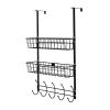 Over The Door Hooks Organizer Door Towel Rack Hanger 5 Hooks With 2 Metal Baskets For Bathroom Bedroom Kitchen Storage Shelf