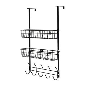 Over The Door Hooks Organizer Door Towel Rack Hanger 5 Hooks With 2 Metal Baskets For Bathroom Bedroom Kitchen Storage Shelf (Color: Black)