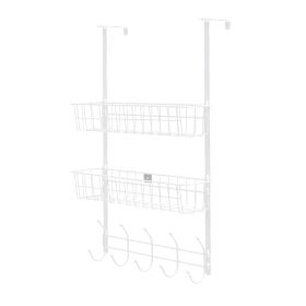 Over The Door Hooks Organizer Door Towel Rack Hanger 5 Hooks With 2 Metal Baskets For Bathroom Bedroom Kitchen Storage Shelf (Color: Silver)